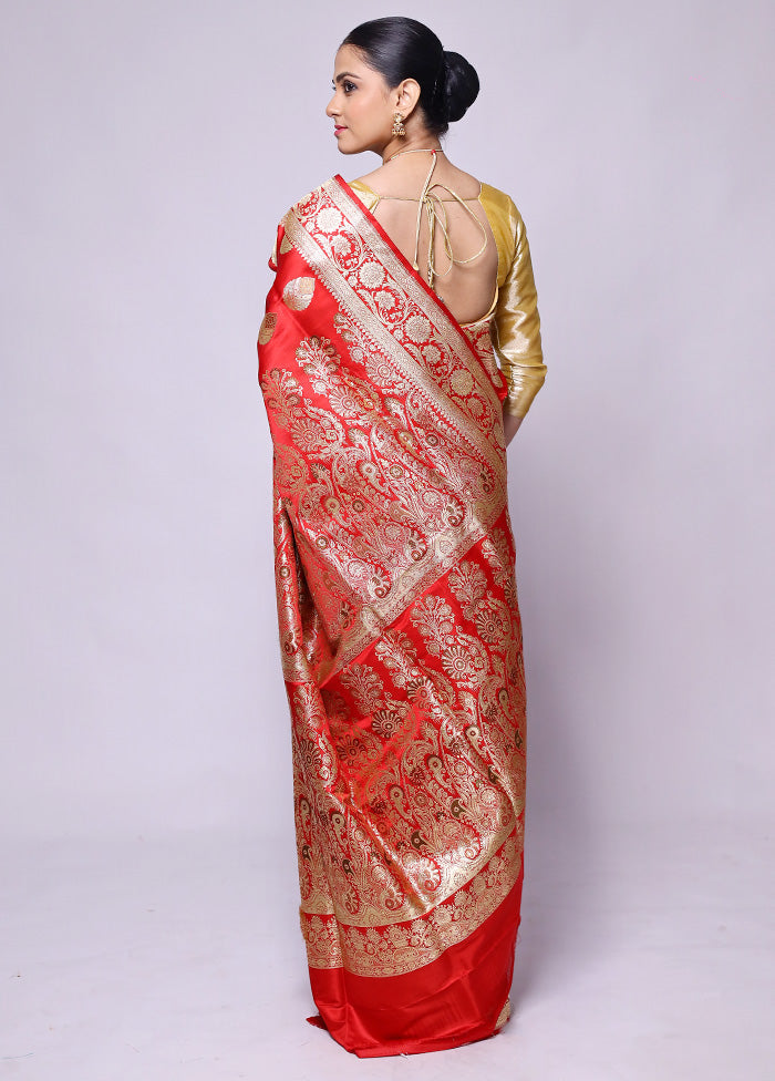 Red Handloom Banarasi Pure Silk Saree With Blouse Piece