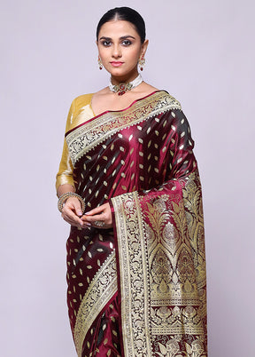 Wine Handloom Banarasi Pure Silk Saree With Blouse Piece