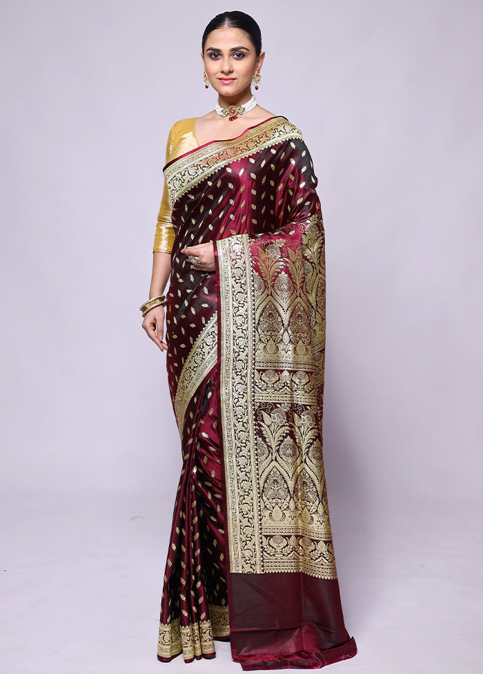 Wine Handloom Banarasi Pure Silk Saree With Blouse Piece