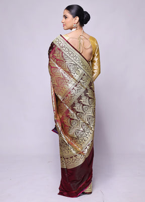 Wine Handloom Banarasi Pure Silk Saree With Blouse Piece