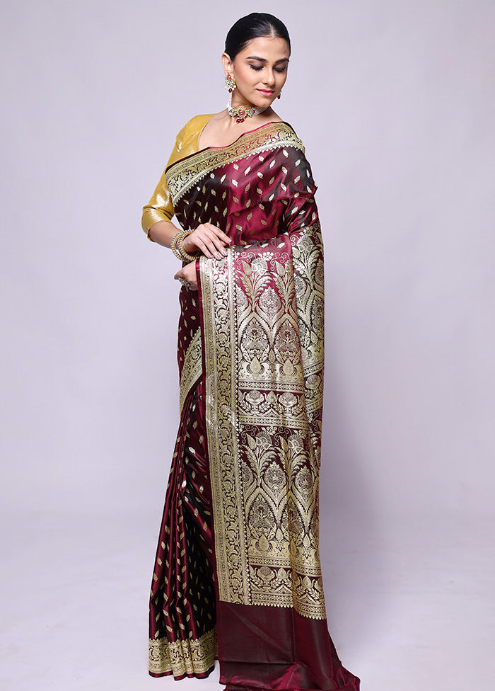 Wine Handloom Banarasi Pure Silk Saree With Blouse Piece