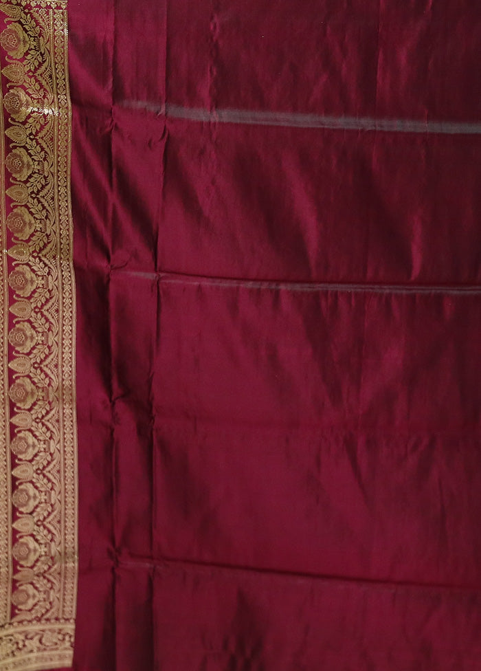 Wine Handloom Banarasi Pure Silk Saree With Blouse Piece