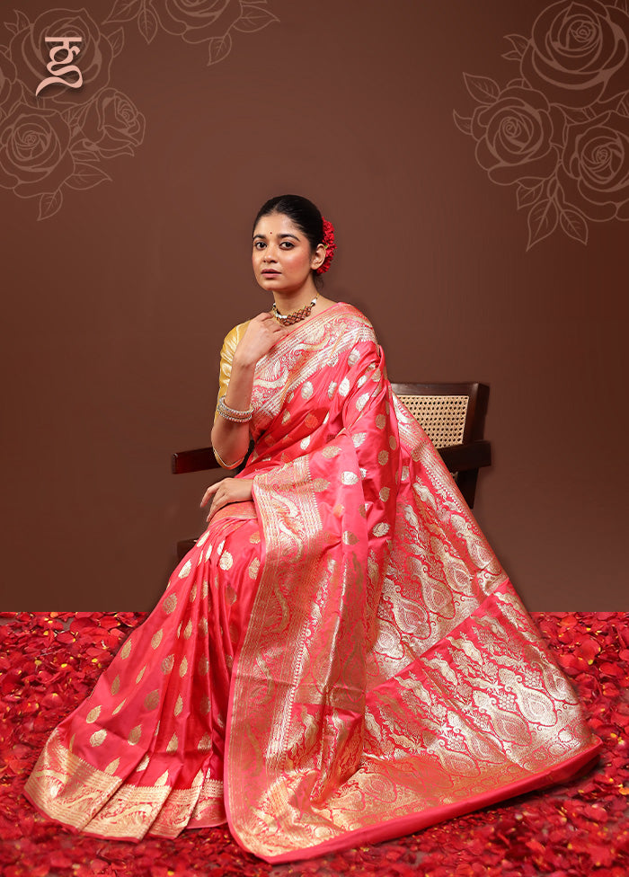 Pink Handloom Banarasi Pure Silk Saree With Blouse Piece