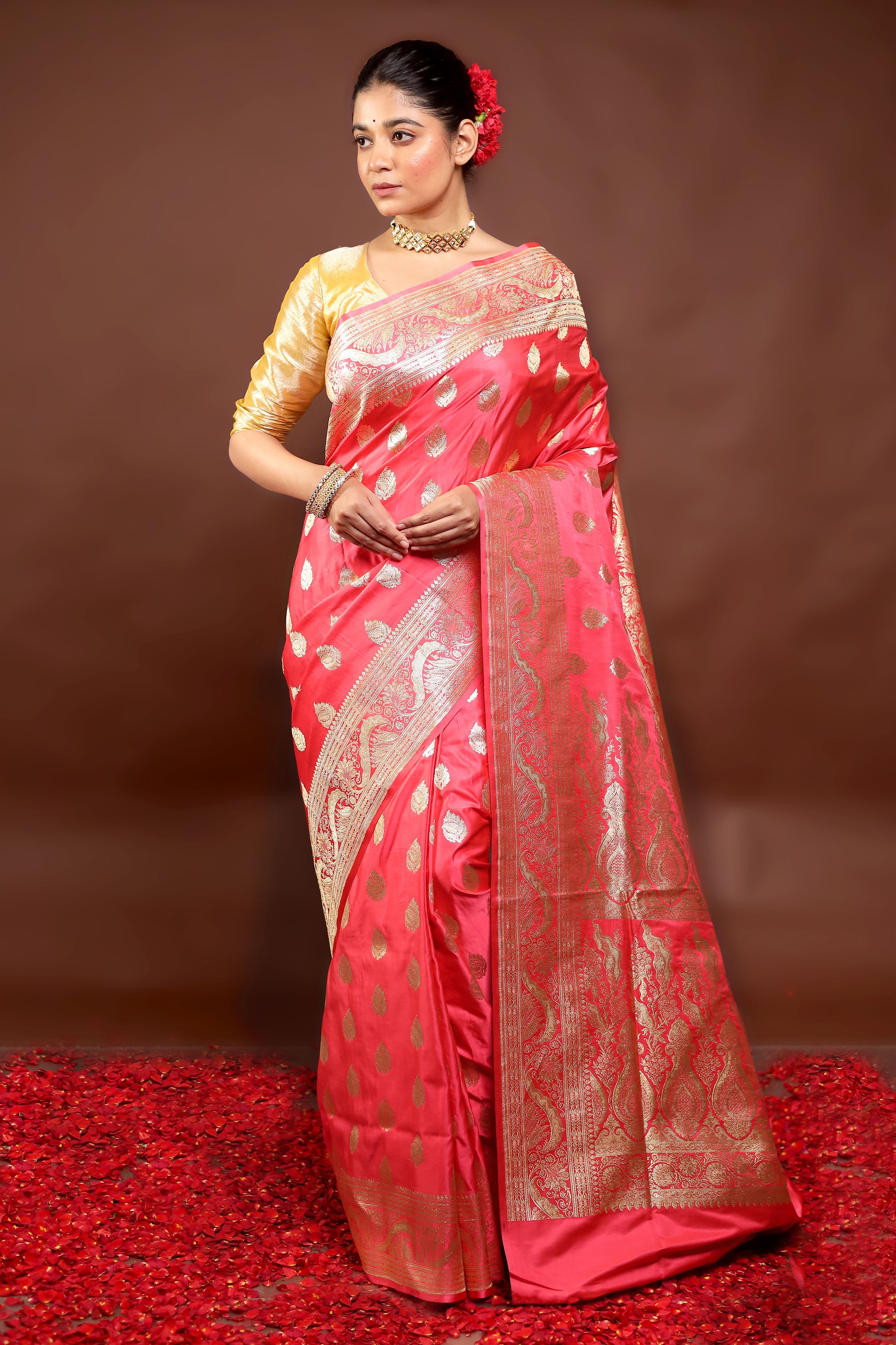 Pink Handloom Banarasi Pure Silk Saree With Blouse Piece