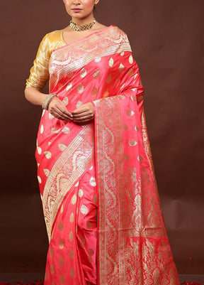 Pink Handloom Banarasi Pure Silk Saree With Blouse Piece