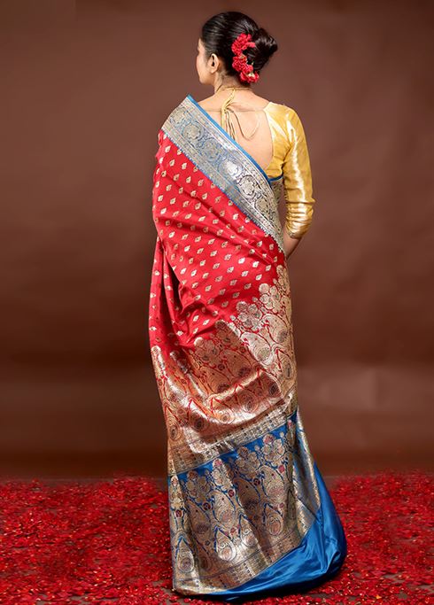 Red Handloom Banarasi Pure Silk Saree With Blouse Piece