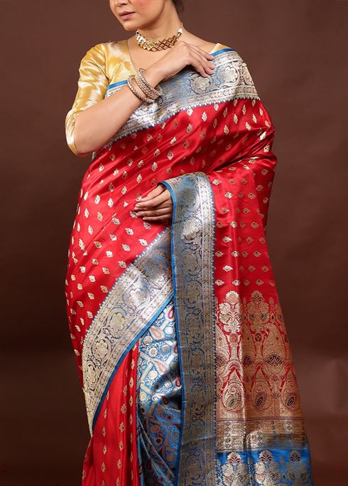 Red Handloom Banarasi Pure Silk Saree With Blouse Piece