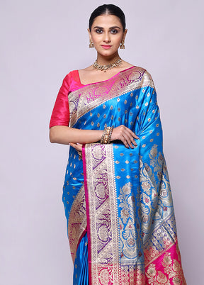 Blue Handloom Banarasi Pure Silk Saree With Blouse Piece