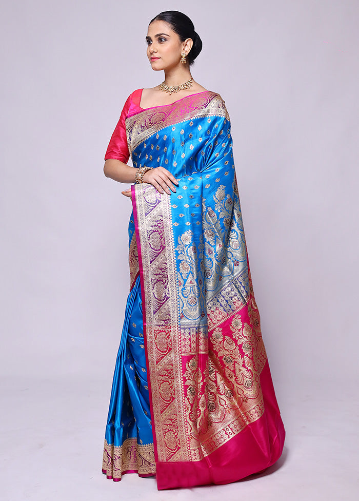 Blue Handloom Banarasi Pure Silk Saree With Blouse Piece