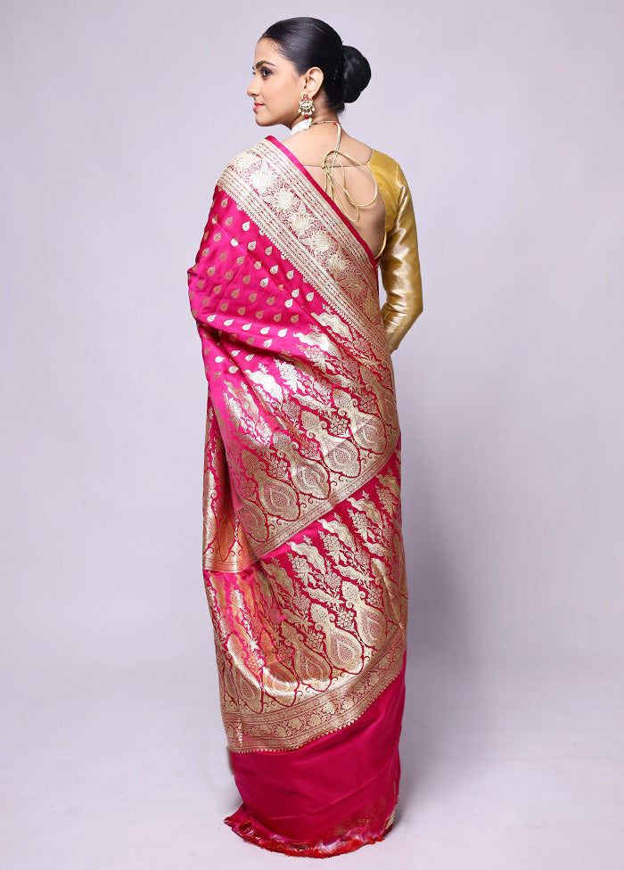 Pink Handloom Banarasi Pure Silk Saree With Blouse Piece