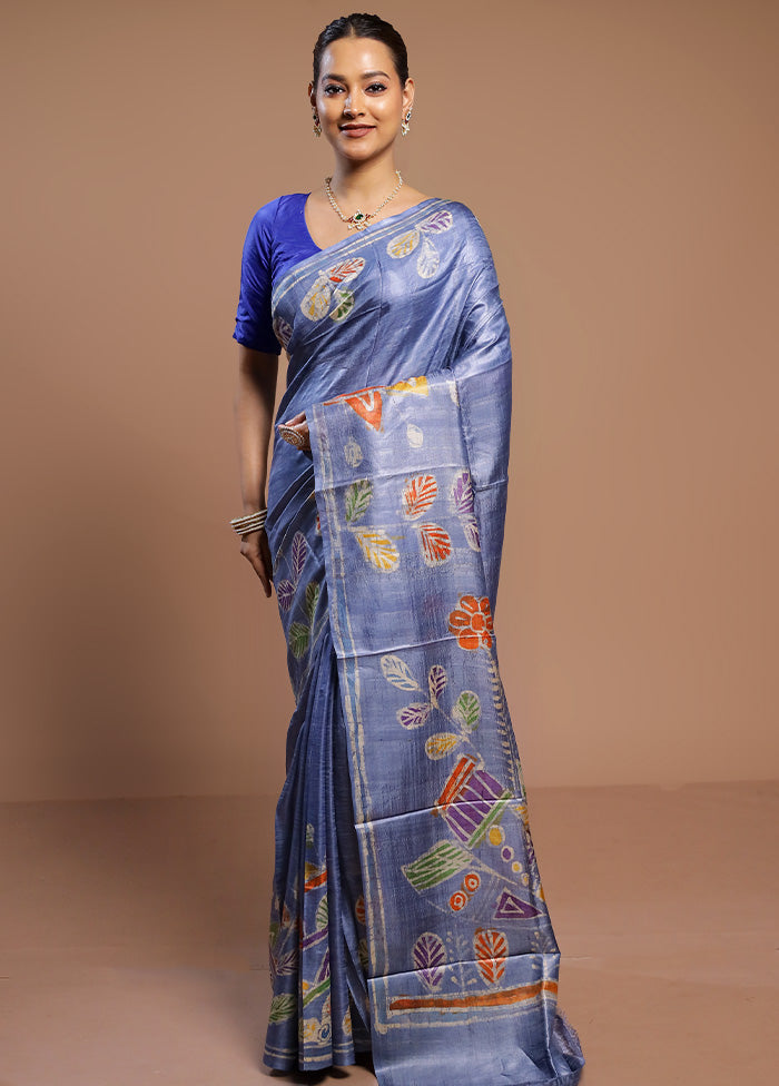 Blue Handloom Tussar Pure Silk Saree With Blouse Piece