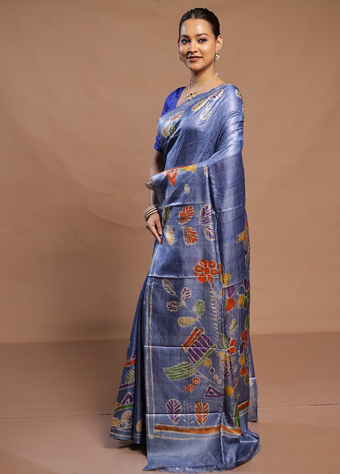 Blue Handloom Tussar Pure Silk Saree With Blouse Piece