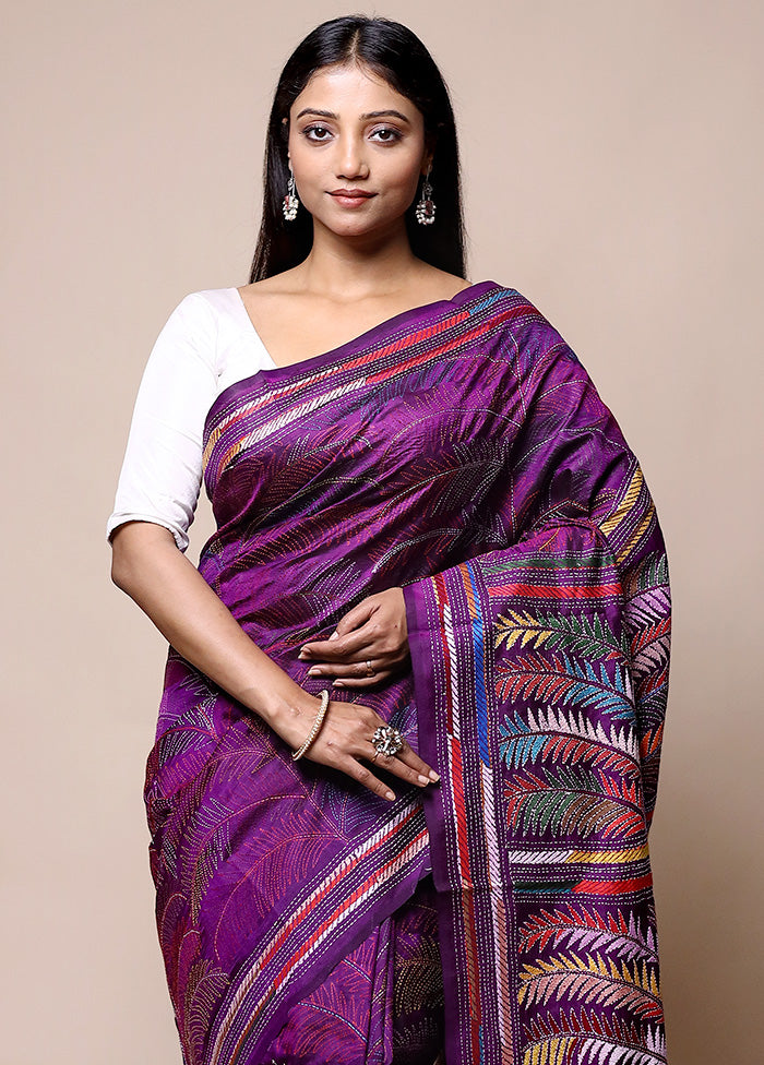 Purple Handloom Kantha Stitch Pure Silk Saree With Blouse Piece