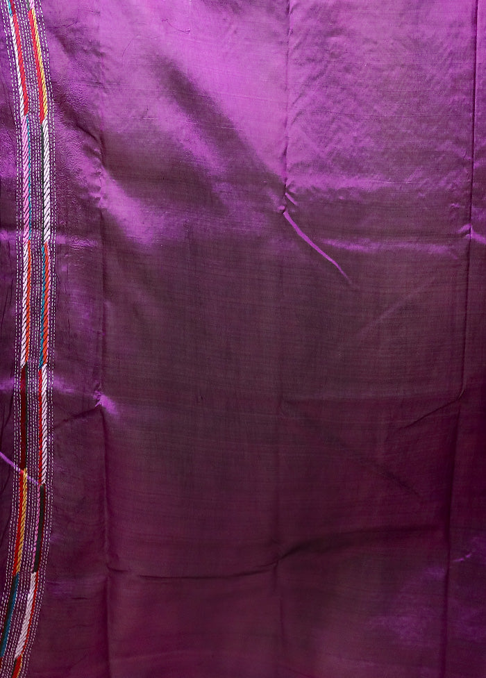 Purple Handloom Kantha Stitch Pure Silk Saree With Blouse Piece