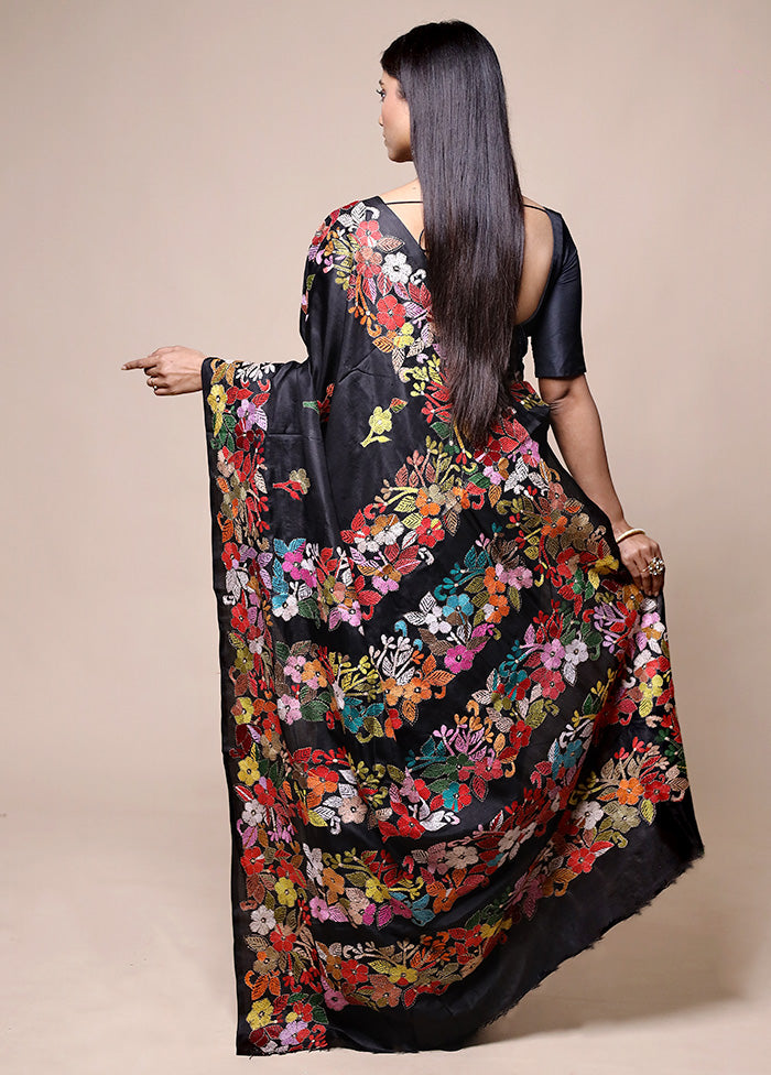 Black Handloom Kantha Stitch Pure Silk Saree With Blouse Piece