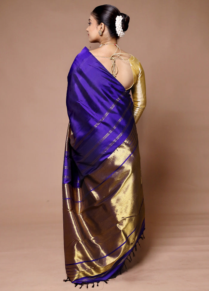 Blue Handloom Kanchipuram Pure Silk Saree With Blouse Piece