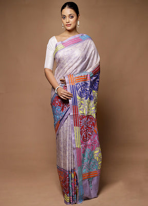 Grey Kantha Stitch Silk Saree With Blouse Piece