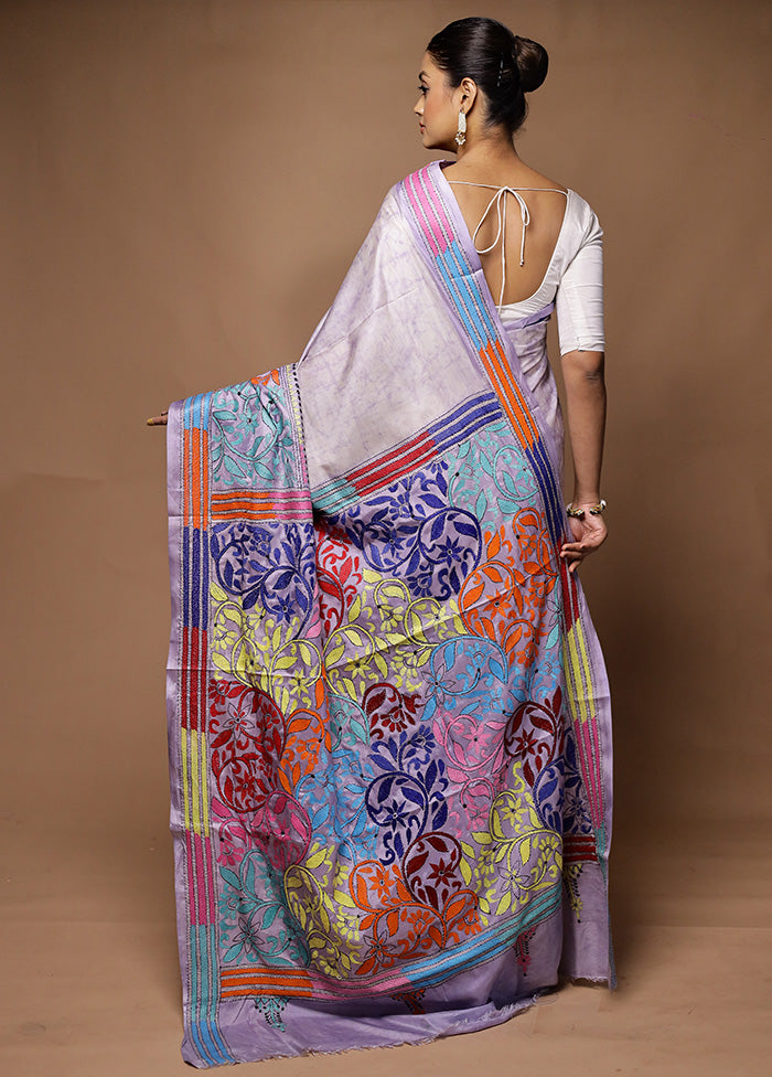 Grey Kantha Stitch Silk Saree With Blouse Piece