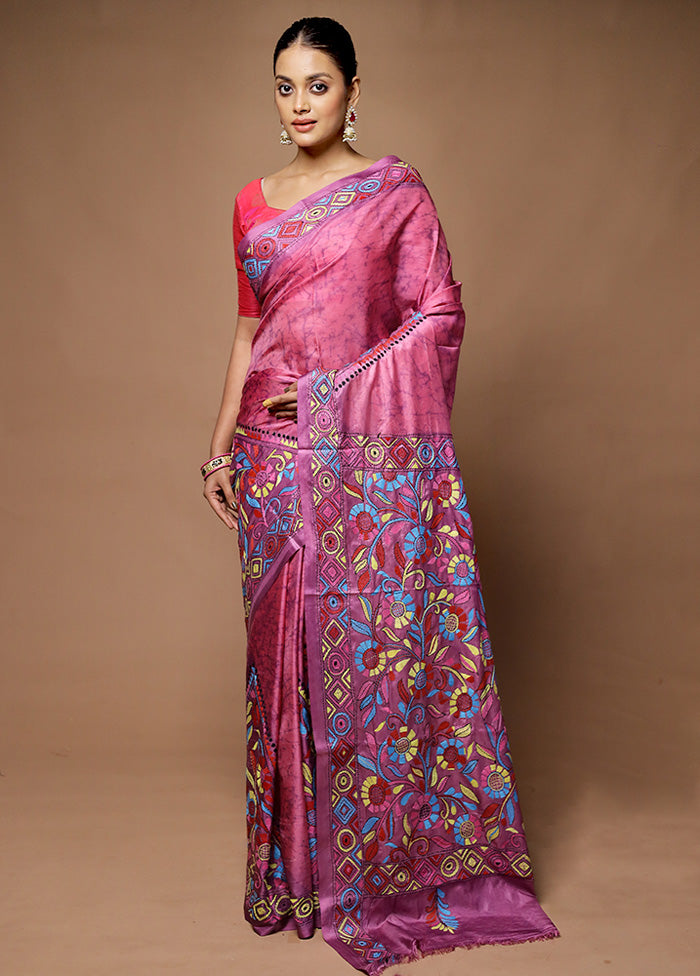 Purple Kantha Stitch Silk Saree With Blouse Piece