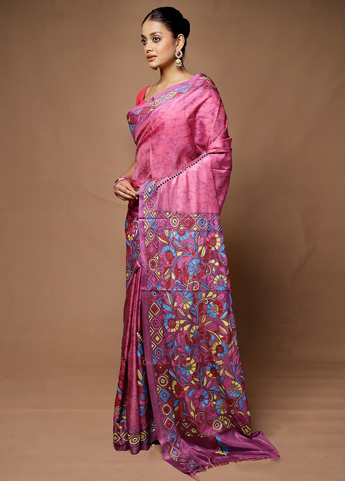 Purple Kantha Stitch Silk Saree With Blouse Piece