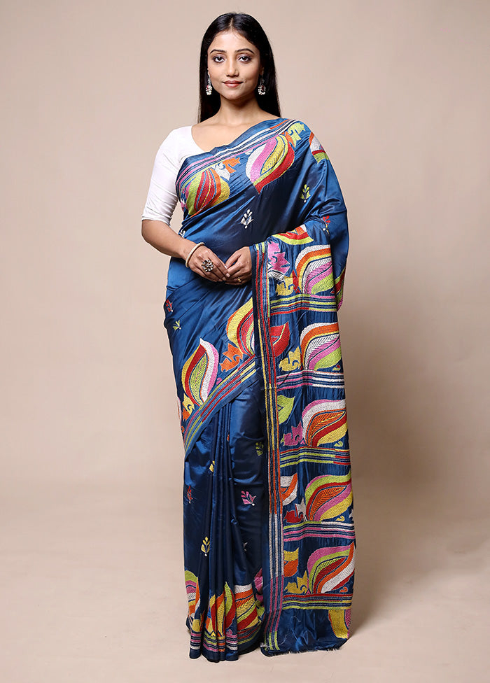 Blue Kantha Stitch Silk Saree With Blouse Piece