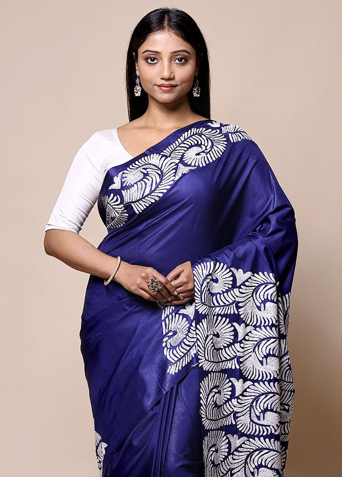 Violet Kantha Stitch Silk Saree With Blouse Piece