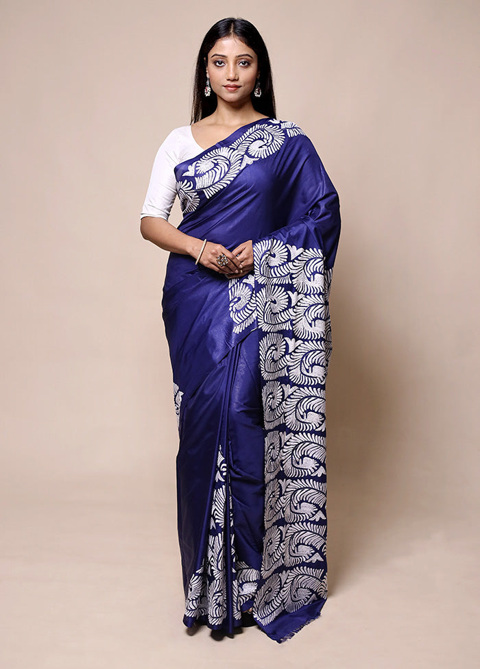 Violet Kantha Stitch Silk Saree With Blouse Piece