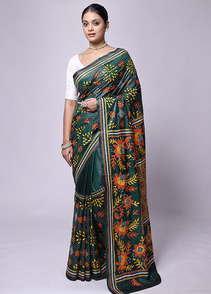 Green Kantha Stitch Silk Saree With Blouse Piece