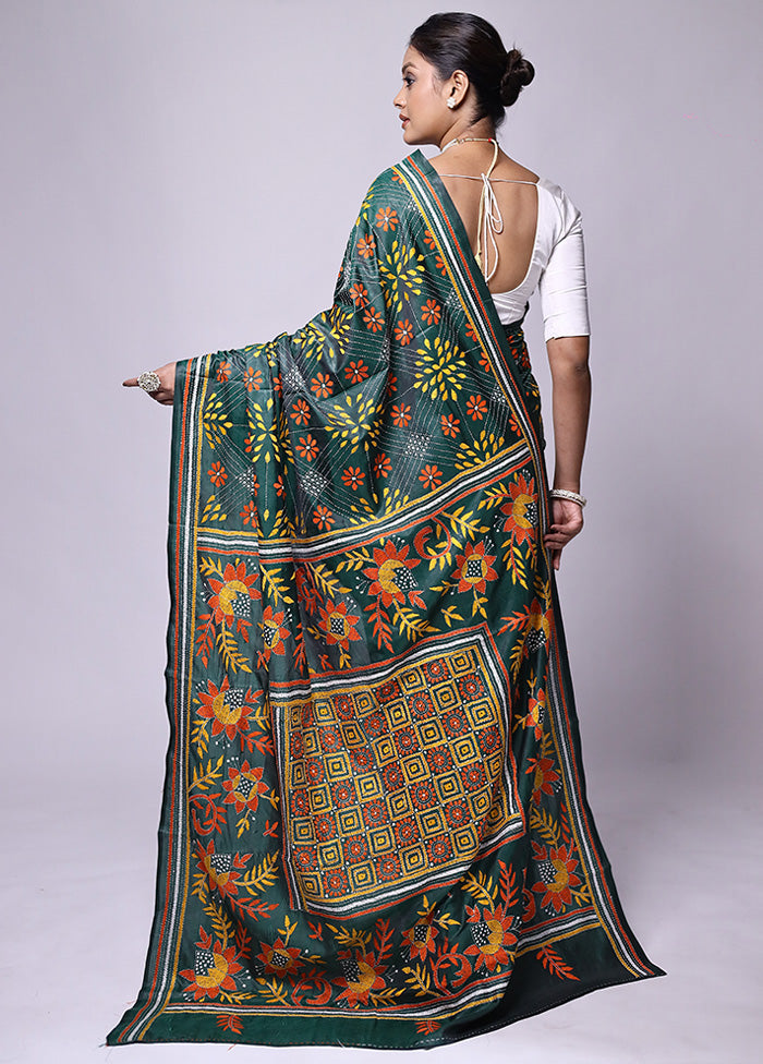 Green Kantha Stitch Silk Saree With Blouse Piece