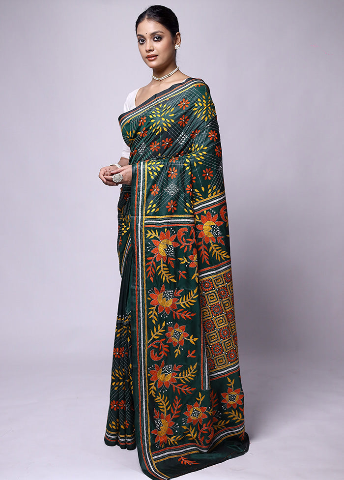 Green Kantha Stitch Silk Saree With Blouse Piece