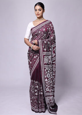 Wine Kantha Stitch Silk Saree With Blouse Piece