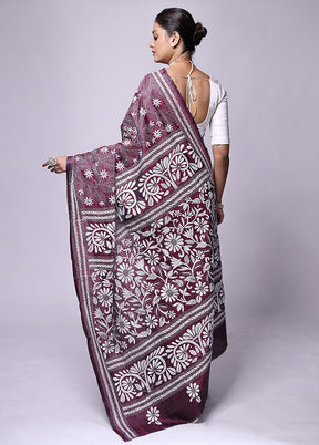 Wine Kantha Stitch Silk Saree With Blouse Piece