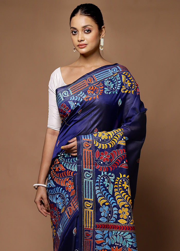 Blue Kantha Stitch Silk Saree With Blouse Piece