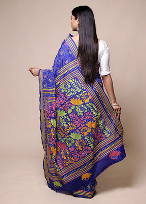 Blue Kantha Stitch Silk Saree With Blouse Piece