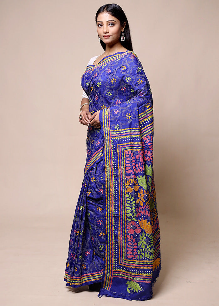 Blue Kantha Stitch Silk Saree With Blouse Piece