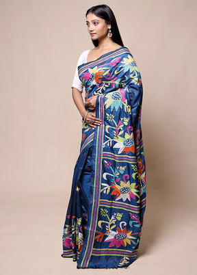 Blue Kantha Stitch Silk Saree With Blouse Piece