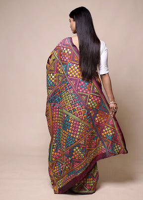 Maroon Kantha Stitch Silk Saree With Blouse Piece