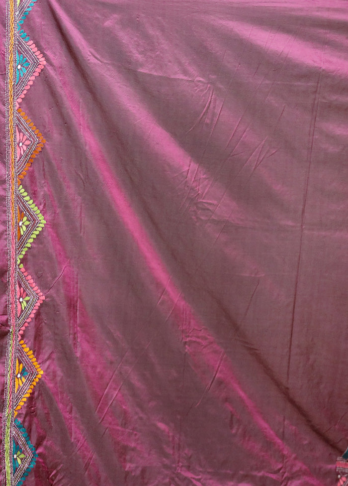 Maroon Kantha Stitch Silk Saree With Blouse Piece