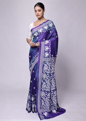 Purple Kantha Stitch Silk Saree With Blouse Piece