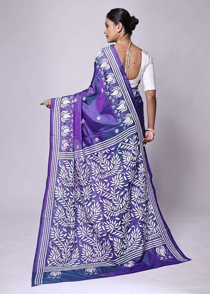 Purple Kantha Stitch Silk Saree With Blouse Piece