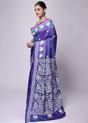 Purple Kantha Stitch Silk Saree With Blouse Piece