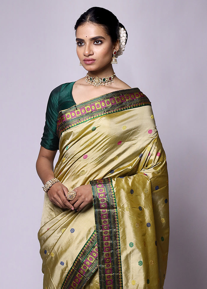 Green Handloom Assam Pure Silk Saree With Blouse Piece