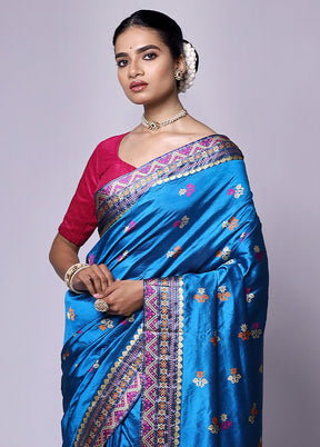 Blue Handloom Assam Pure Silk Saree With Blouse Piece