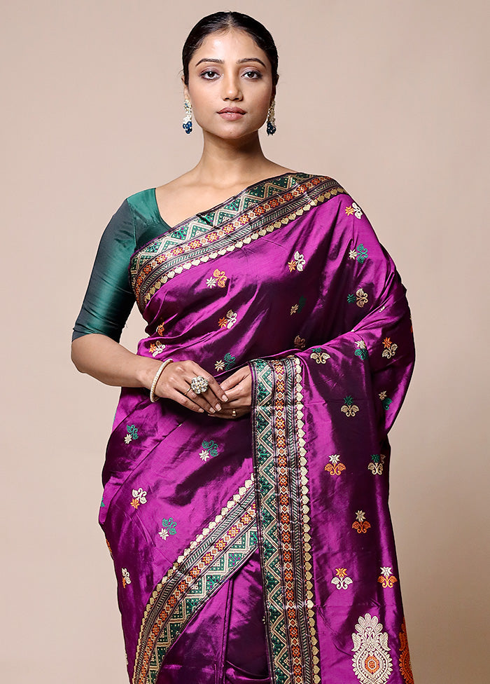 Purple Handloom Assam Pure Silk Saree With Blouse Piece