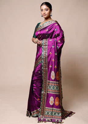 Purple Handloom Assam Pure Silk Saree With Blouse Piece