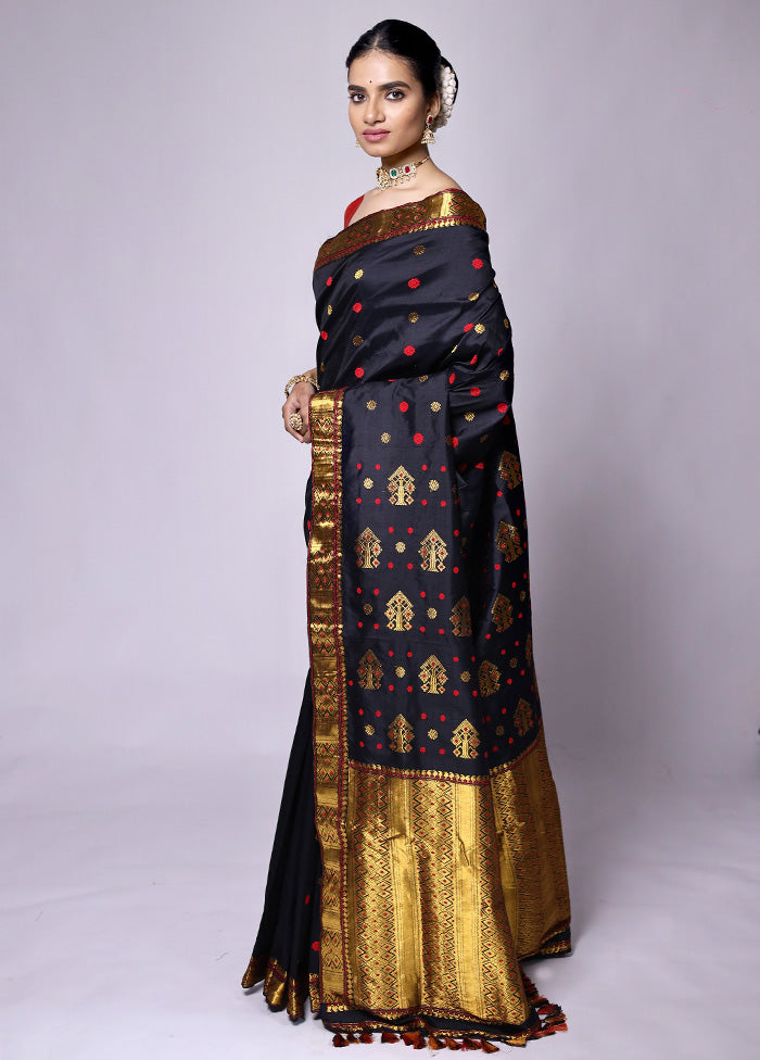 Black Handloom Assam Pure Silk Saree With Blouse Piece