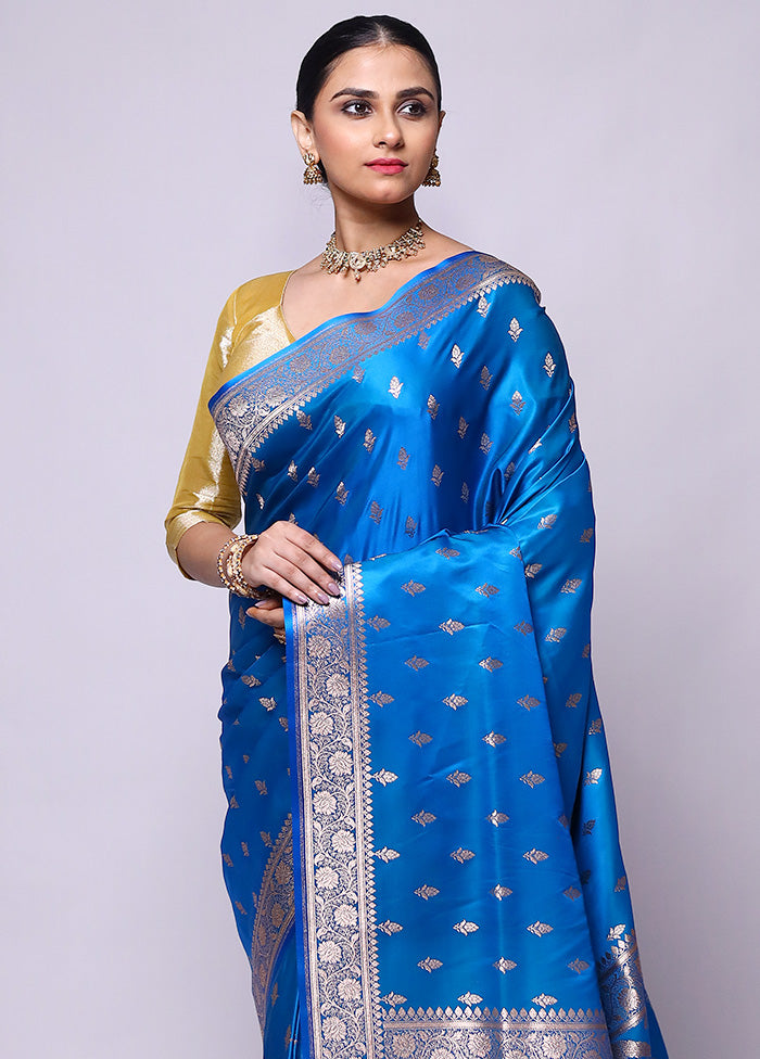 Blue Banarasi Silk Saree With Blouse Piece