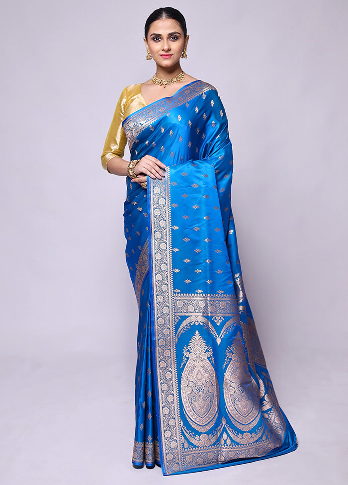 Blue Banarasi Silk Saree With Blouse Piece