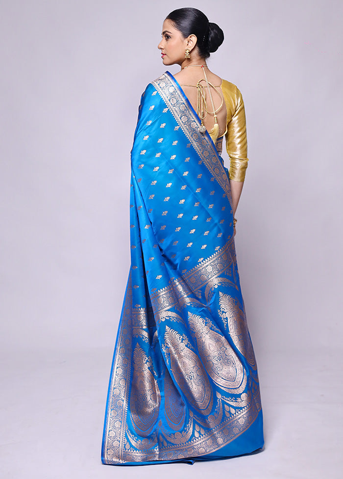 Blue Banarasi Silk Saree With Blouse Piece