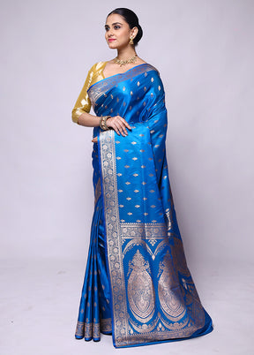 Blue Banarasi Silk Saree With Blouse Piece